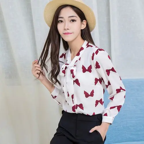 夏季女装宽松印花长袖雪纺衬衫女韩版少女甜美显瘦蝴蝶结休闲上衣