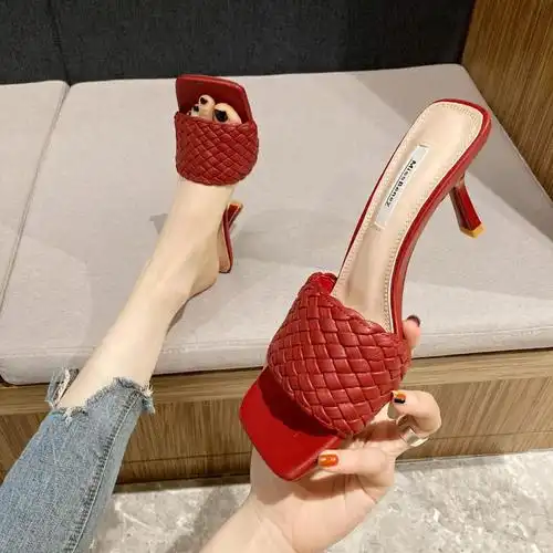 高跟尚外凉拖编织方头一字穿细时尚拖鞋性感包头拖