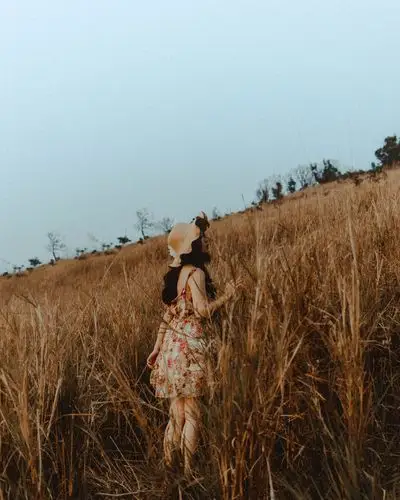 站在棕色田野上穿着花裙子的女孩