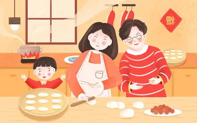 手绘装饰风立冬冬天冬至包饺子可爱人物背景原创插画冬至包饺子二十四