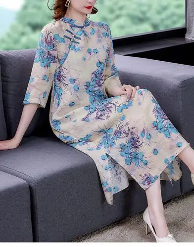 苎麻旗袍改良版连衣裙女装21年年轻款妈妈时尚中长款高端棉麻裙子