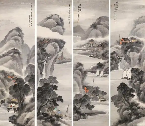 0334四景山水立轴四屏条设色纸本