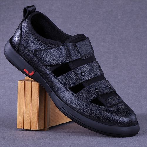 外贸凉鞋男2021新款夏季真皮软底百搭休闲男鞋户外包头沙滩洞洞鞋