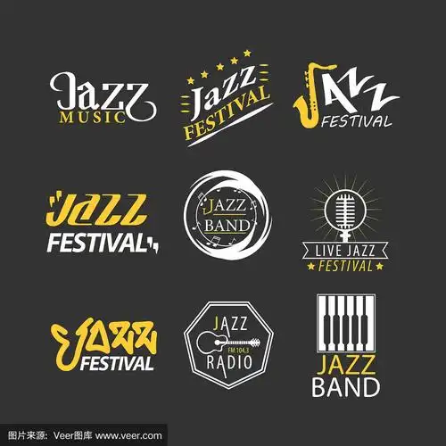 爵士音乐节标志设置孤立的黑色