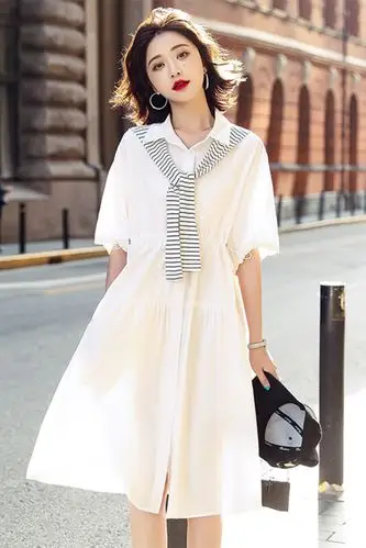 白色连衣裙夏2021新款宽松遮肉微胖女生穿搭披肩衬衫娃娃裙子