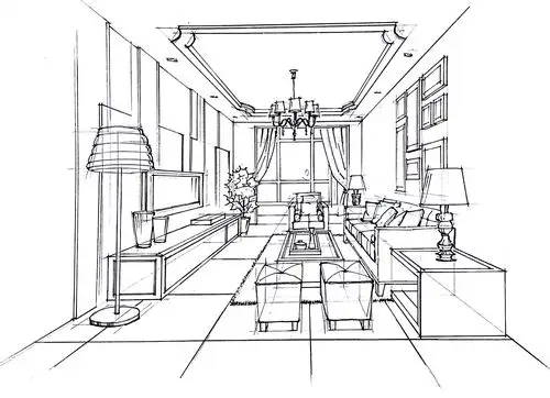 客厅空间一点透视黑白效果绘制步骤图.