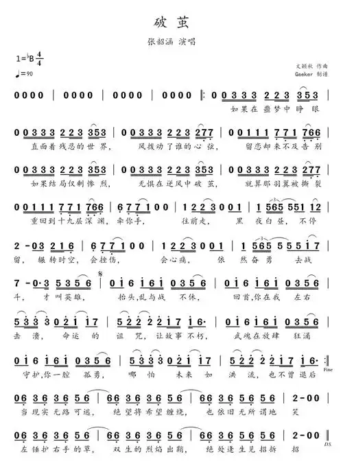 破茧(简谱-张韶涵-《斗罗大陆》动画2020年新主题曲)