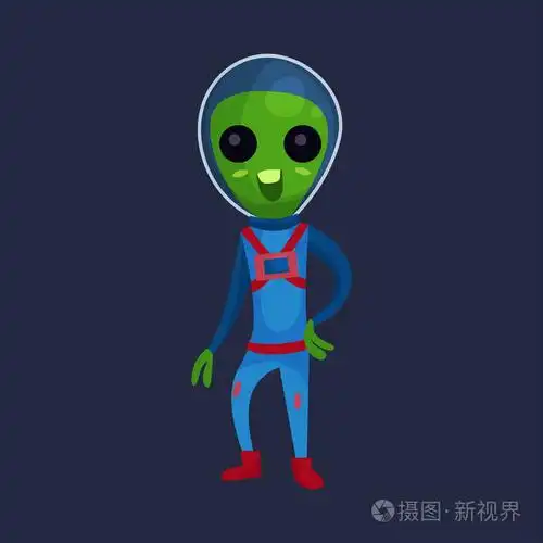 友好的绿色外星人,长着大眼睛,穿着蓝色的太空服,外星人的正面人物