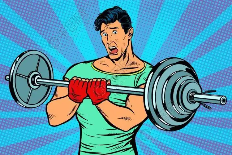 震惊的男人在健身房里的杠铃波普艺术复古矢量图老式