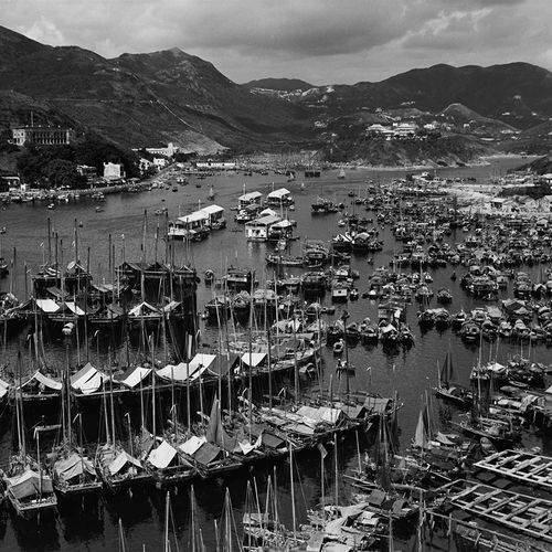 民国时中国香港港口船只码头船港海港城市眺望景色黑白老照片素材