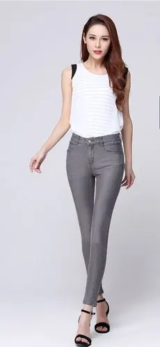 夏季薄款冰丝牛仔裤女高腰九分裤弹力大码小脚裤修身显瘦铅笔裤子-t