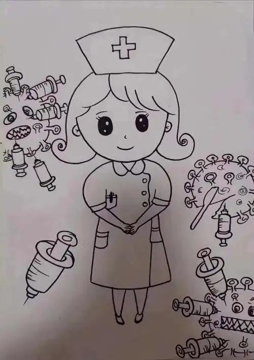 现在给你的作品涂上漂亮的颜色吧!相信你画的白衣天使一定是最美丽的!