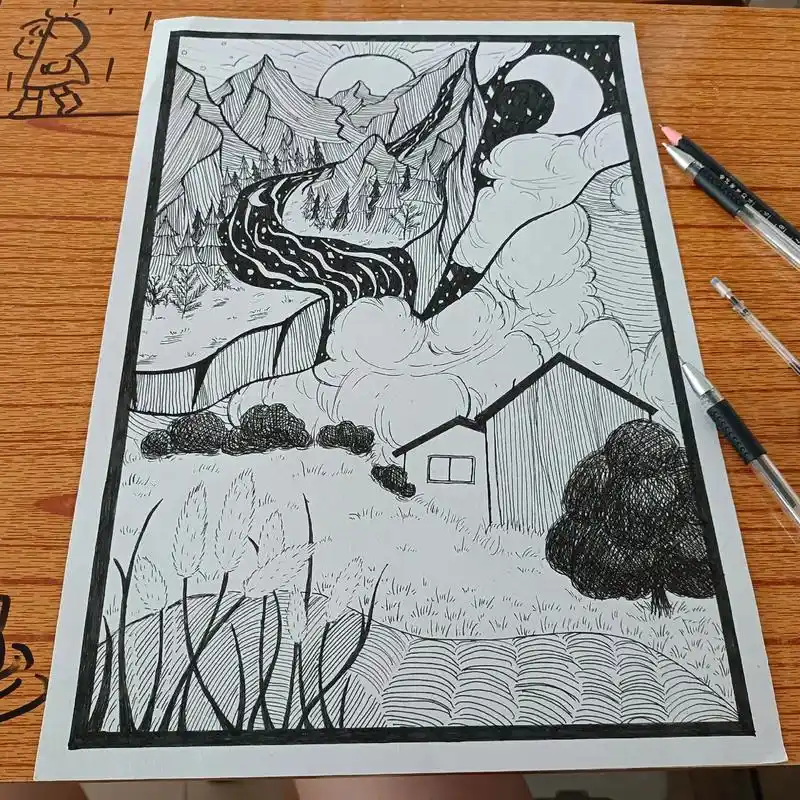 黑白线描风景画临摹创作