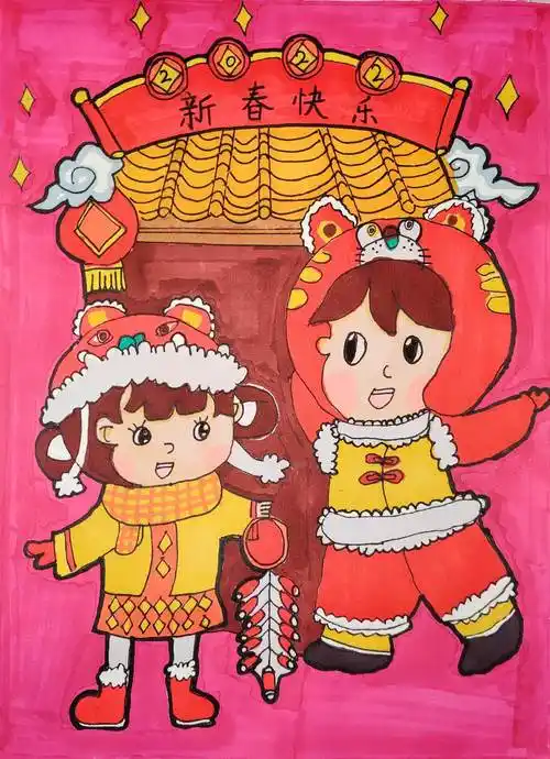 2022虎年春节儿童画模板教程,虎年春节儿童画怎么画小学生2022元旦