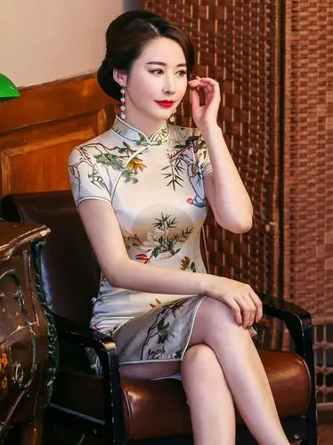 an-春夏新款复古优雅印花真丝旗袍