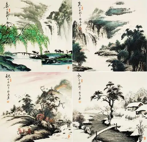 春夏秋冬山水四联画山水画斗方