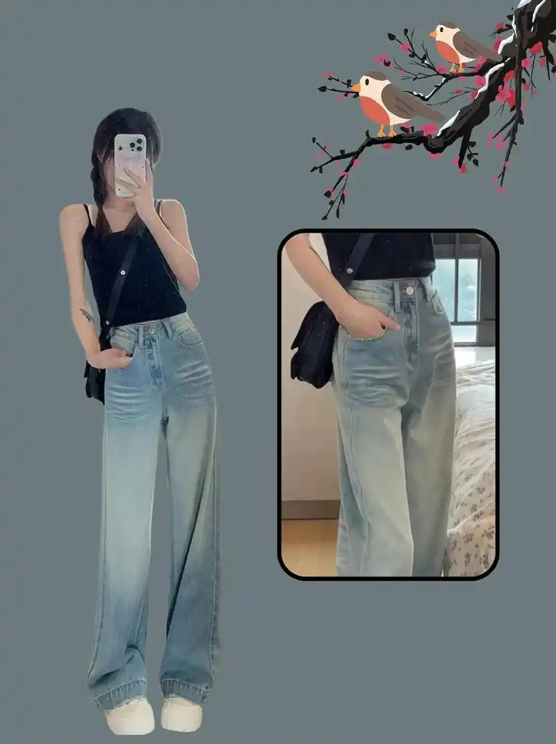 王家有鱼浅色牛仔裤女夏季薄款2024新款高腰显瘦复古宽松阔腿长裤!
