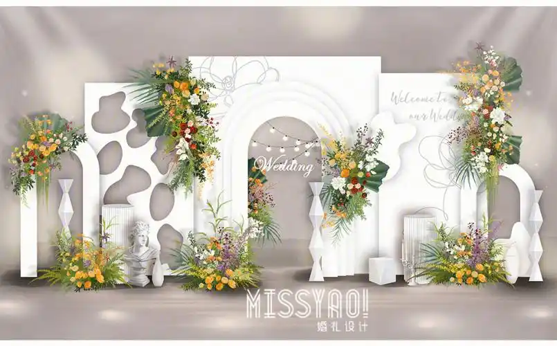 白色简约ins风户外婚礼背景舞台迎宾设计