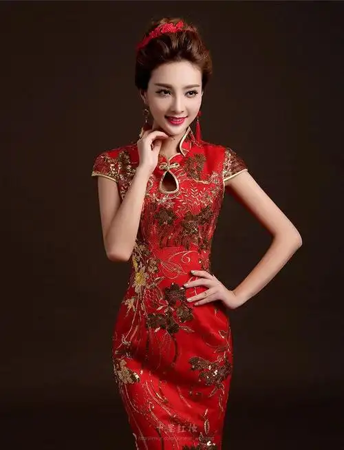 菲格菲依 红色蕾丝刺绣长款鱼尾新娘旗袍-picture1