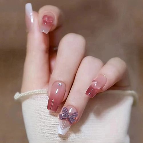 穿戴甲甲片批中长款发法式渐变蝴蝶结指甲贴片美甲成品假指甲现货