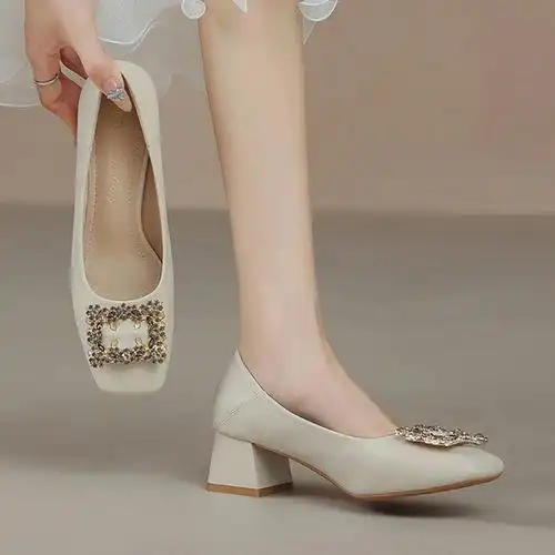 法式高跟鞋女粗跟2022年春秋新款方头浅口中跟百搭仙女风气质单鞋