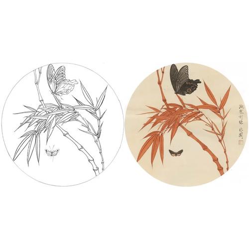 于非闇圆形工笔蝴蝶竹子白描底稿临摹勾线过透稿实物打印稿833x
