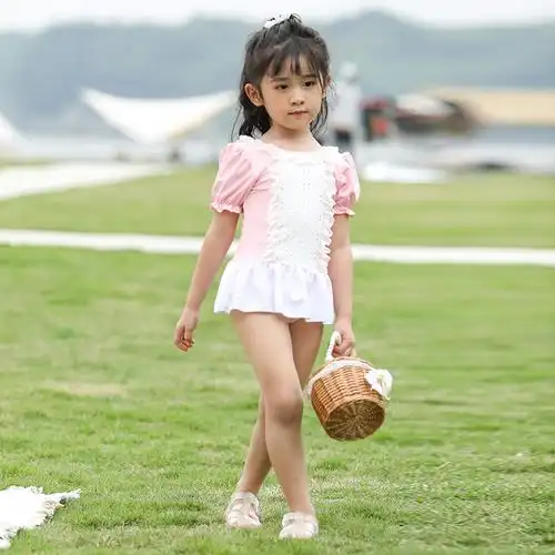 小中童女童游泳衣游乐园戏水泡温泉度假连体裙式带泳帽萌宝宝泳装