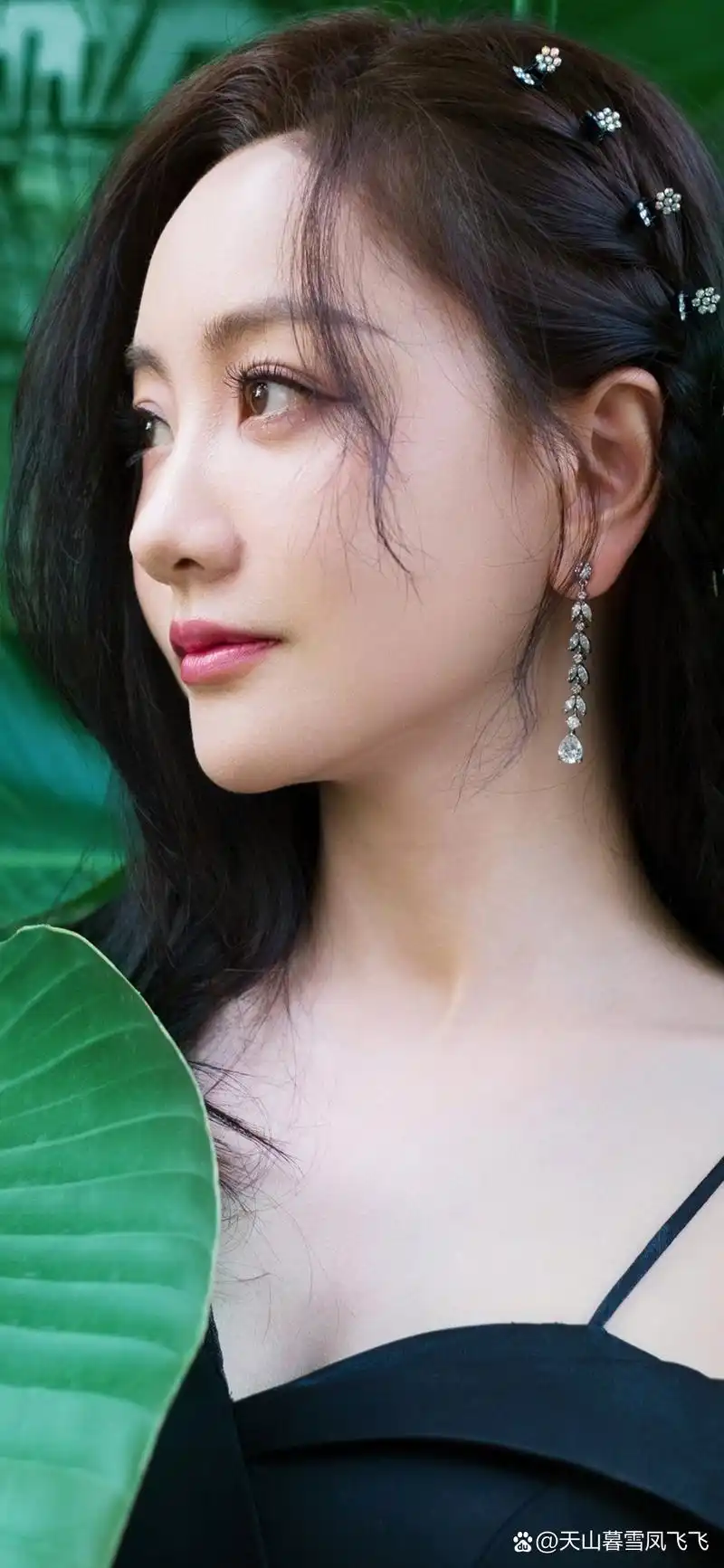 在绿意盎然的背景下,身着黑纱裙的杨蓉绽放着独特的魅力.