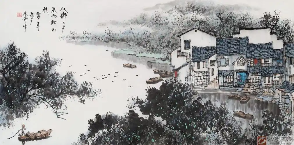 首页 传统水墨 山水画 写意山水画品名:水乡三月(购买前请咨询客服