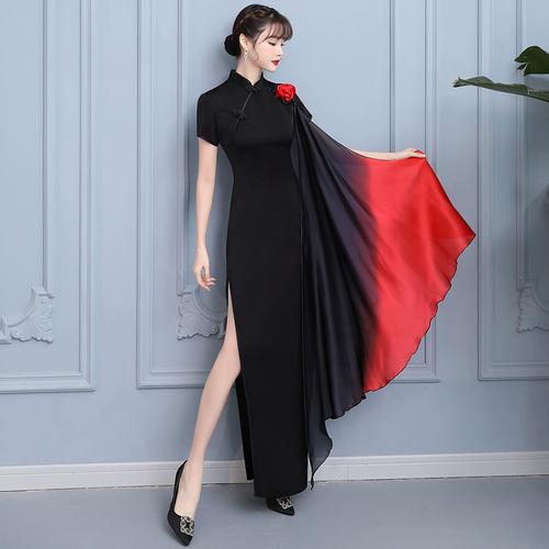 高端走秀旗袍裙2024新款开叉修身气质中老年模特走秀团体演出服女