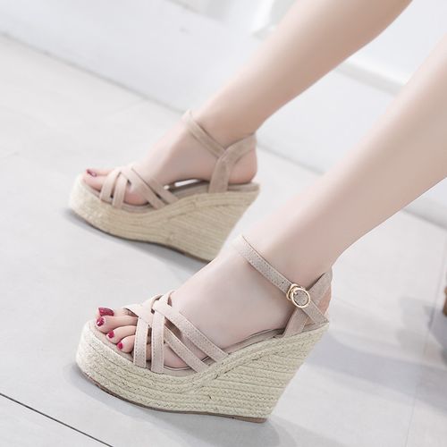 坡跟凉鞋女2021韩版夏天百搭防水台厚底超高跟一字扣带草编松糕鞋