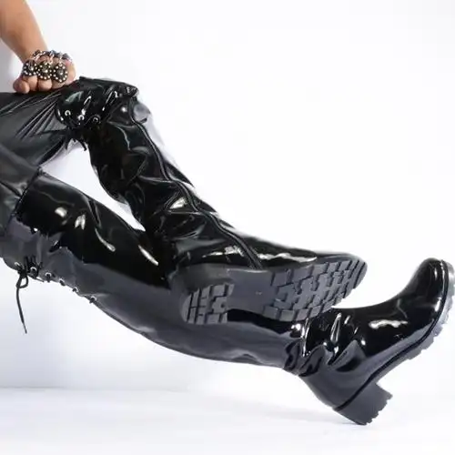 漆皮高筒厚底男钢管舞过膝高跟长皮靴韩版超长筒大腿马靴演出男鞋