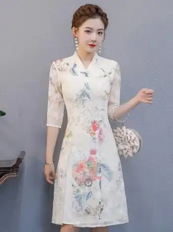 奥黛旗袍裙定位花2021新款改良v领旗袍女年轻款气质修身旗袍裙子332