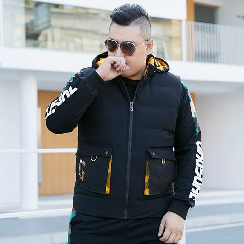 秋冬季短款带帽无袖马甲男帅气加肥加大潮流休闲工装马夹外套胖子