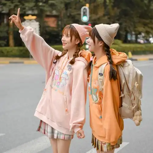 原创森女部落闺蜜装元气卫衣秋韩版连帽套头休闲加绒外套衣服女装