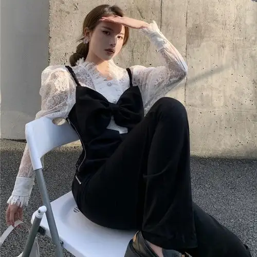 吊带连体裤女夏季蝴蝶结高腰显瘦薄款连衣阔腿黑色裤子西装背带裤