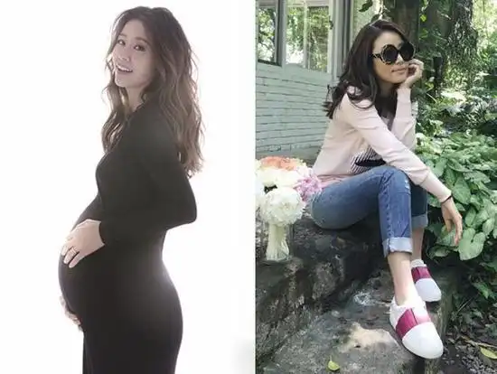 林心如在微博晒出孕照(左)及产后生活照(右)