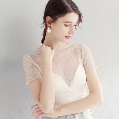 透明短袖蕾丝夏大码镂空洋气打底衫