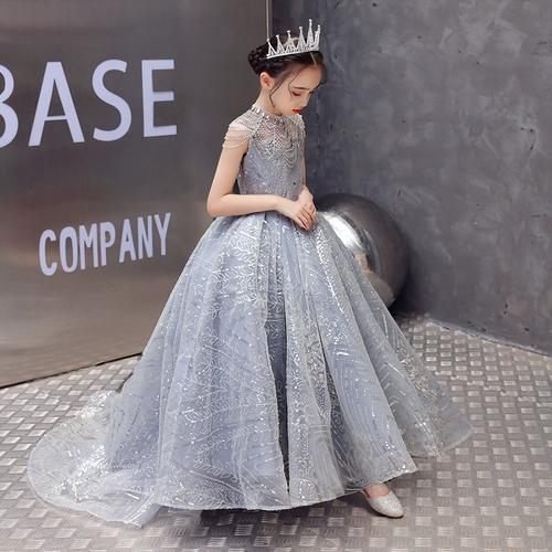 女童主持晚礼服公主裙拖尾洋气儿童婚纱蓬蓬纱花童钢琴演出服春季
