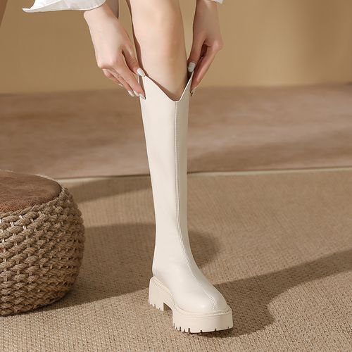 真皮百搭白色高筒靴ins酷骑士2022年秋季新款英伦风时装靴