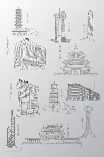 城市著名建筑线描矢量素材