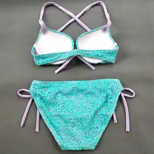 比基尼聚拢性感显胸大三角泳装超暴露三点式分体泳衣女小胸bikini 粉