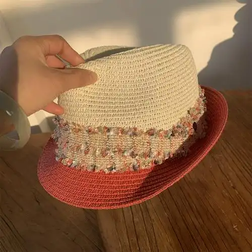 轻奢小香风小礼帽夏休闲英伦拼色帽女爵士帽子防晒情侣巴拿马草帽