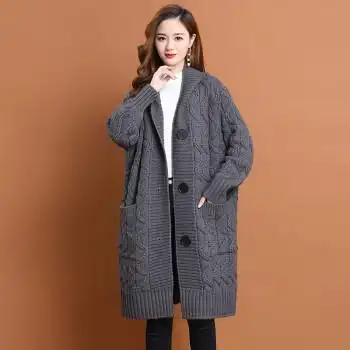 中年带帽针织女式开衫秋冬季戴帽羊毛衫女毛衣外套大衣中长款宽松连帽