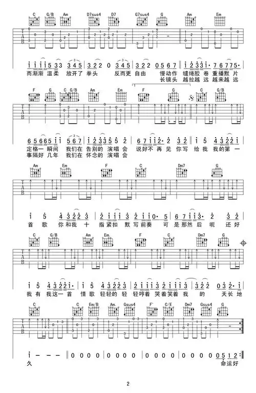 梁静茹情歌吉他谱六线谱c调弹唱谱