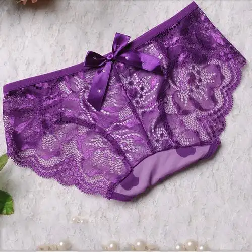 逆行 情趣内衣 性感蕾丝透明女士中腰三角内裤(紫色)