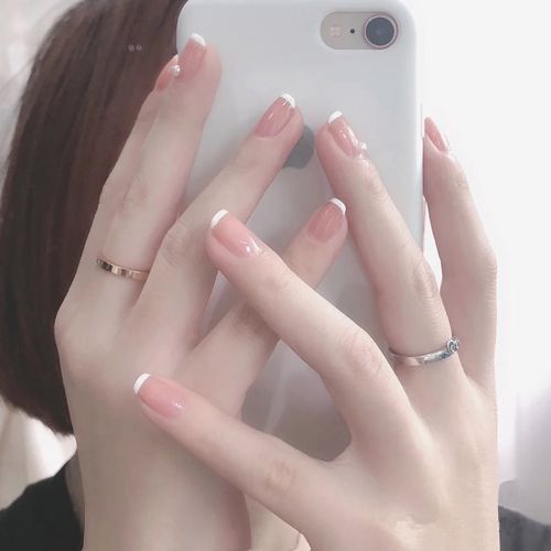 穿戴甲短款小清新夏日简约法式边显白美甲贴片假指甲手工定制成品