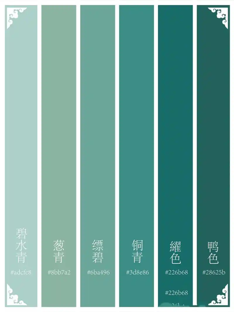 96青色在中国传统色色谱中,是一种游离于绿色和蓝色之间的色彩.