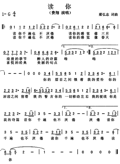 读你(梁弘志词曲)_简谱