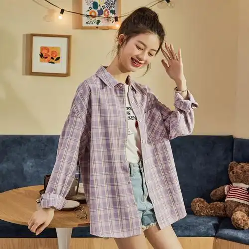 9元]唐狮春新款格子衬衫女韩版长袖宽松衬衣别致上衣女设计感外穿